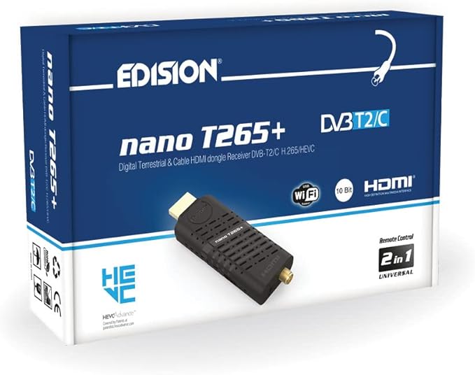 EDISION Nano T265+ DVB-T2/C HDMI Dongle Receiver FHD, Triple Tuner, WiFi, 2in1 Fernbedienung, Schwarz – 0026