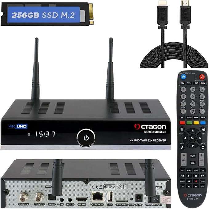Nein Auslaufartikel (Produktion durch Octagon SF8008 Supreme Twin UHD 4K Sat Receiver mit 256GB Festplatte, Triple Tuner, WiFi, E2 Linux & Define OS