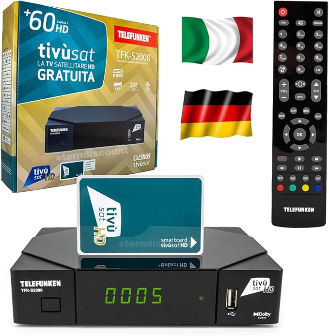 Sterndiscount Telefunken TFKS2000 Tivusat HD Receiver inkl. HD-Karte Full HD 1080p für deutsche & italienische Sender Astra 19.2°E & Hotbird