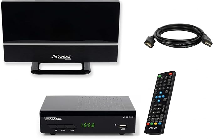Sky Vision DVBT2 Receiver Bundle mit aktiver Antenne, Triple Tuner, FHD, HDMI/Scart, inkl. HDMI-Kabel