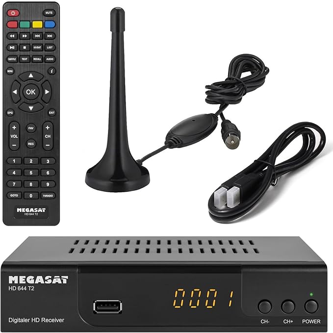 Xoro MAS Elektronik Megasat T644 DVB-T2 Triple Tuner Receiver mit Zimmerantenne & HDMI Kabel, HD HDTV für frei empfangbare Sender – SL30T2