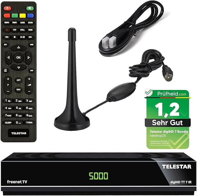 netshop 25 Telestar TT7 SL65T2 HD Triple Tuner DVB-T2/C Receiver mit 3 Monaten Freenet TV, PVR Ready, HDMI & USB Mediaplayer