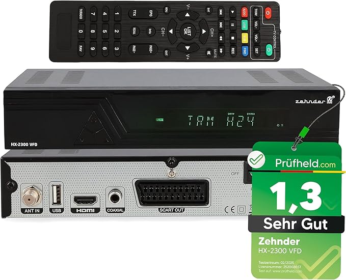 DOCS Technologie GmbH Zehnder HX 2300 VFD Sat Receiver mit Aufnahmefunktion, Full HD, Digital Sat-Receiver für Satellitenschüssel