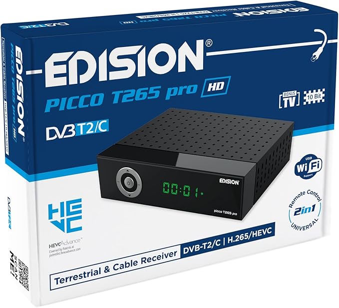 EDISION Picco T265 pro HD Terrestrischer & Kabel Receiver DVB-T2/C H.265 HEVC FTA Full HD, PVR, USB, HDMI, SCART, S/PDIF, IR-Auge, USB WiFi Support, Universal 2in1 Fernbedieung, 2in1 Netzteil
