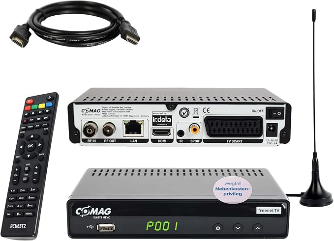 Sky Vision SL65T2 DVB-T2 Receiver Bundle mit Antenne, 12V für Camping, Triple Tuner, Full HD, Aufnahmefunktion