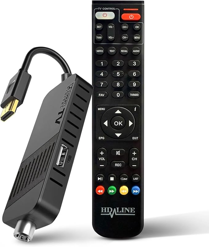 Hd-line DVB-T2 Triple Tuner 2024 Full HD 1080P Decoder mit Bluetooth-Fernbedienung, HDMI/AV, USB, versteckt hinter TV