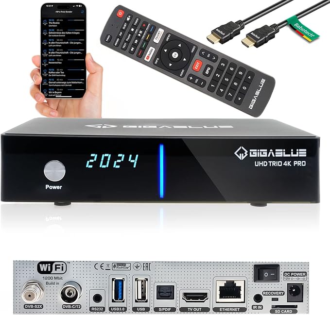 Gigablue UHD Trio 4K PRO Sat-Receiver Triple Tuner DVB-S2X/C/T2 mit 256 GB HDD, WLAN, Bluetooth, 12V Netzteil – 256GB